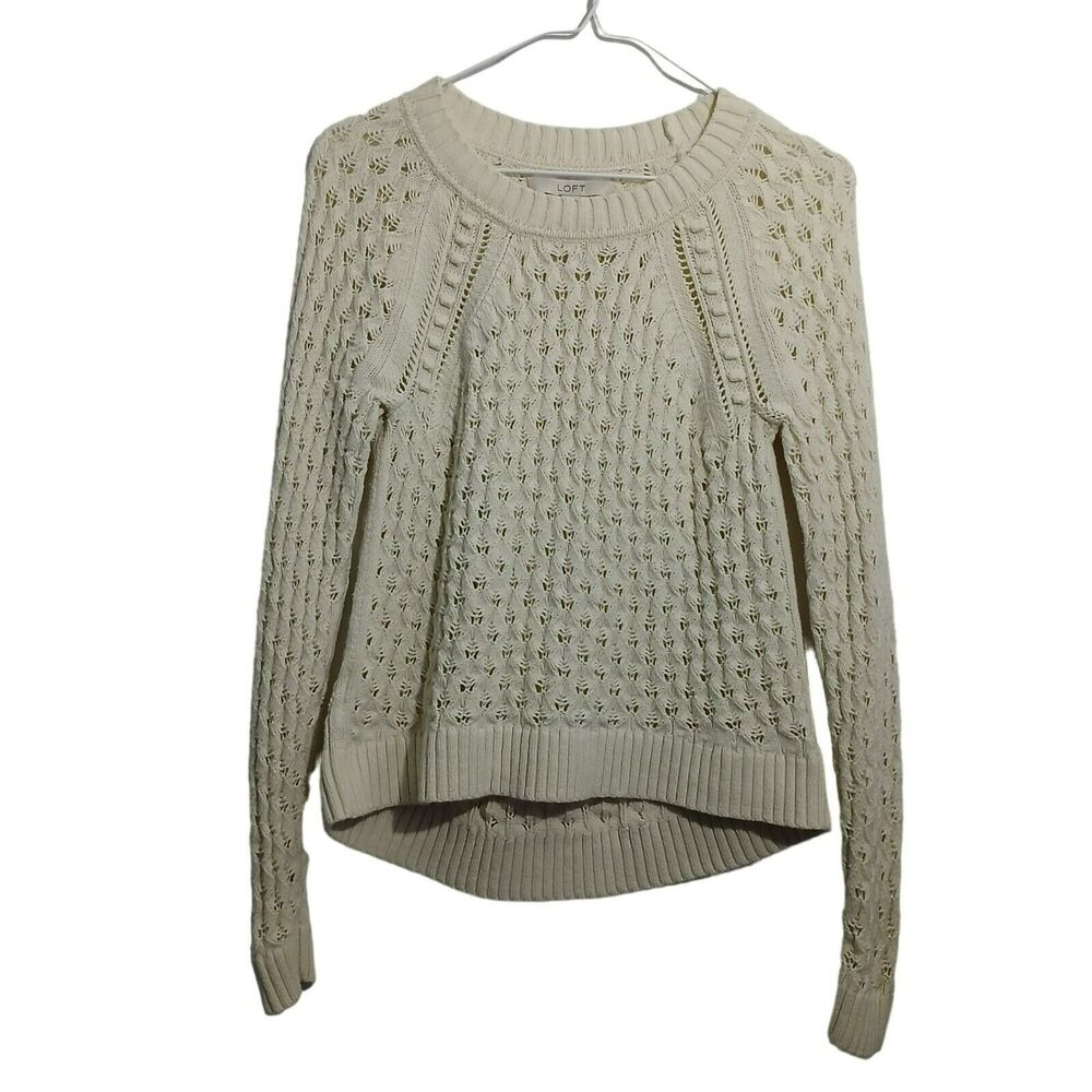 LOFT Sweater Women S Cream Pointelle Knit Pull Over Ribbed Hems